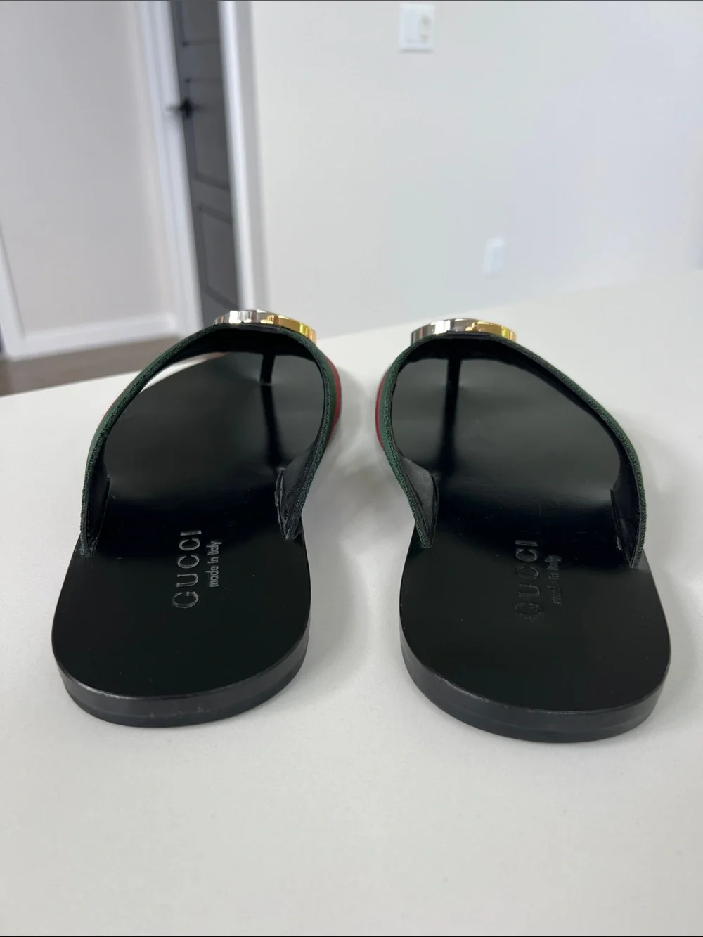 Gucci nylon green and red striped silver gold GG logo sandals flip flops men’s 6